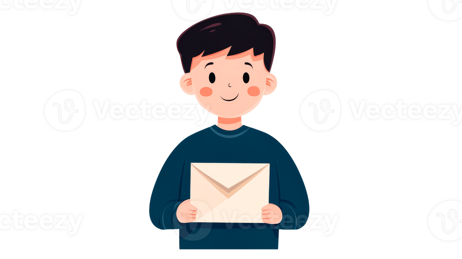 Boy holding an envelope in his hands, cartoon style, cut out transparent png