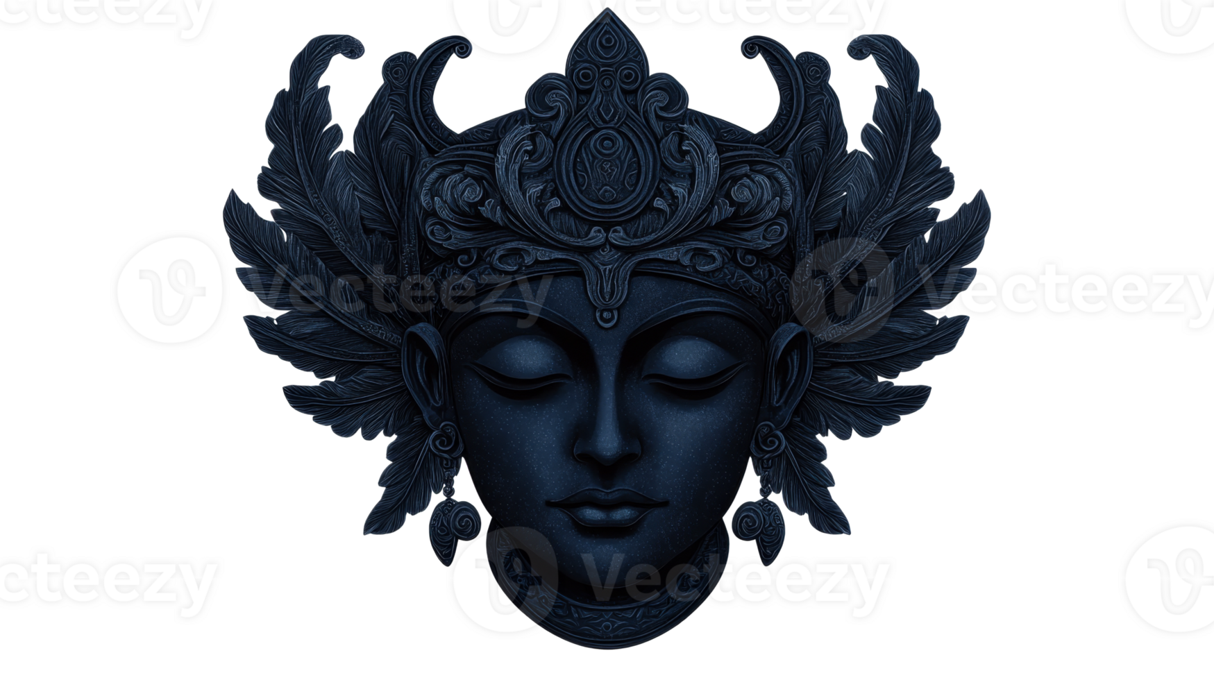 Serene blue statue of female face with feathers, cut out transparent png