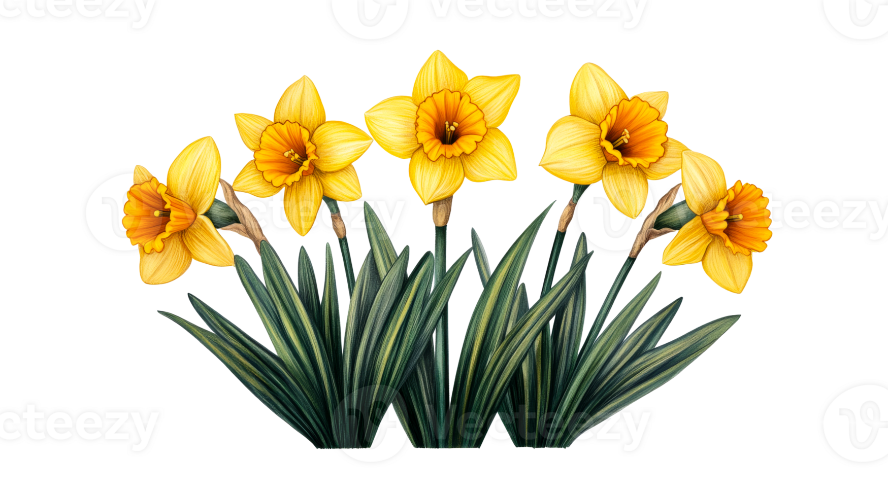 Daffodil Flowers and Green Leaves Isolated on Black Background, cut out transparent png