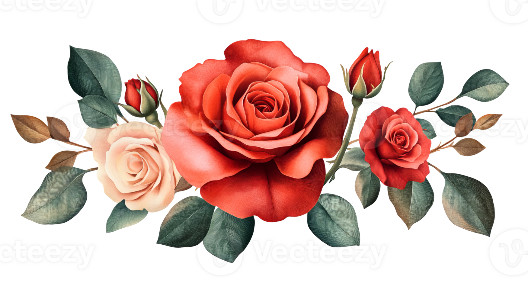 Roses and Leaves Arrangement in Romantic Style, cut out transparent png