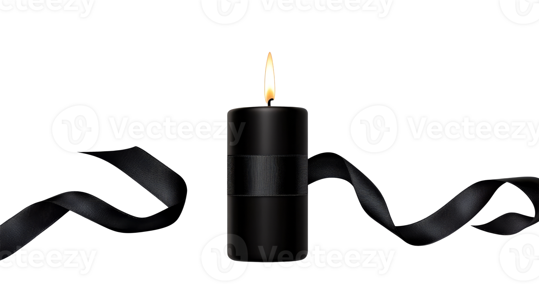 Burning black candle with ribbon for mournful event, cut out transparent png
