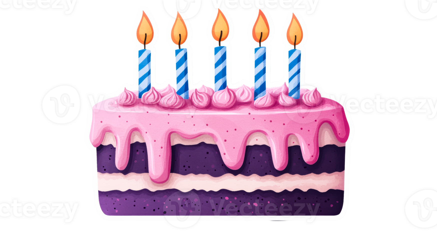 Birthday cake with candles, pink frosting, and purple base, cut out transparent png