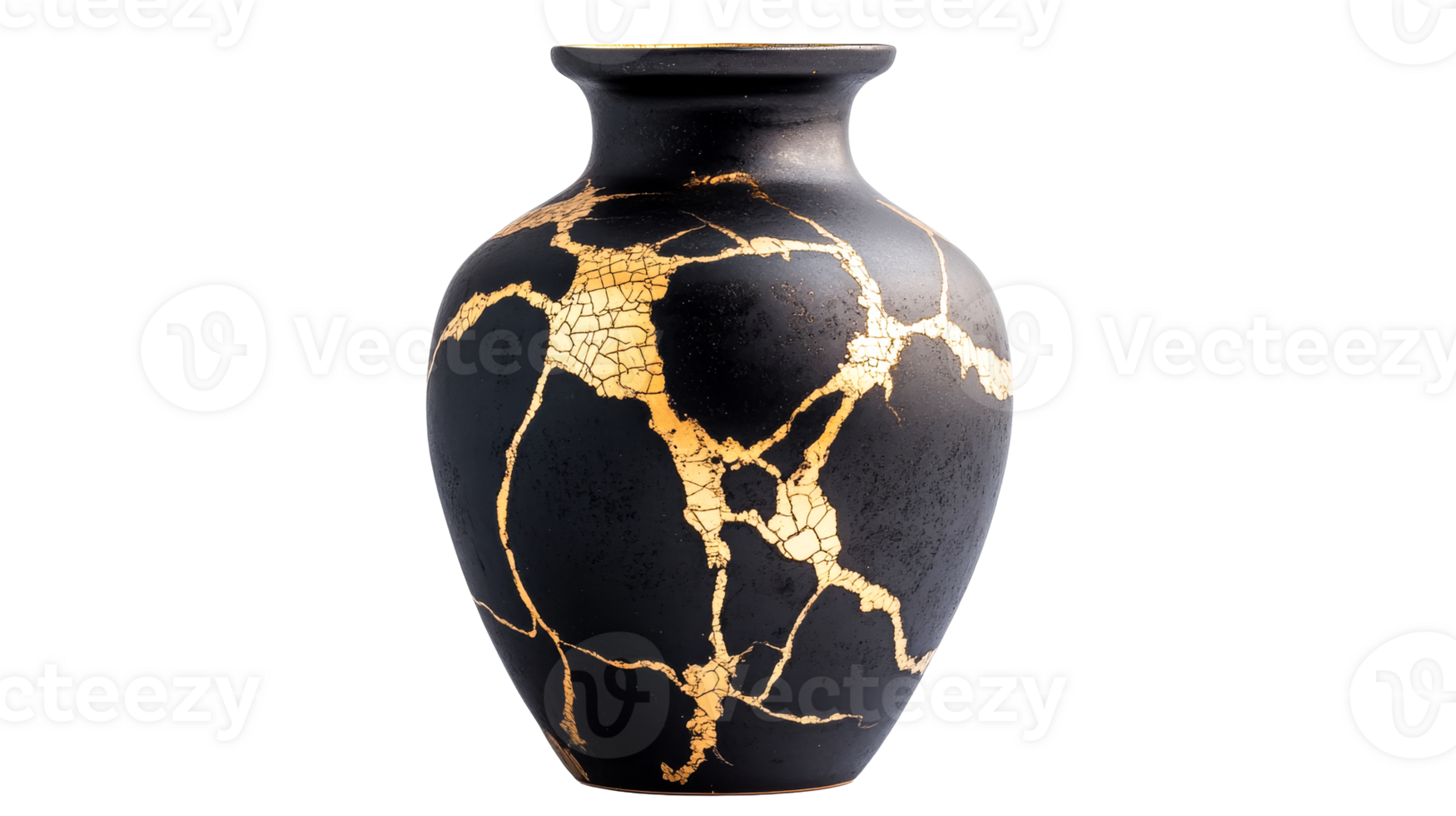 Black vase with gold kintsugi cracks on black background, cut out transparent png
