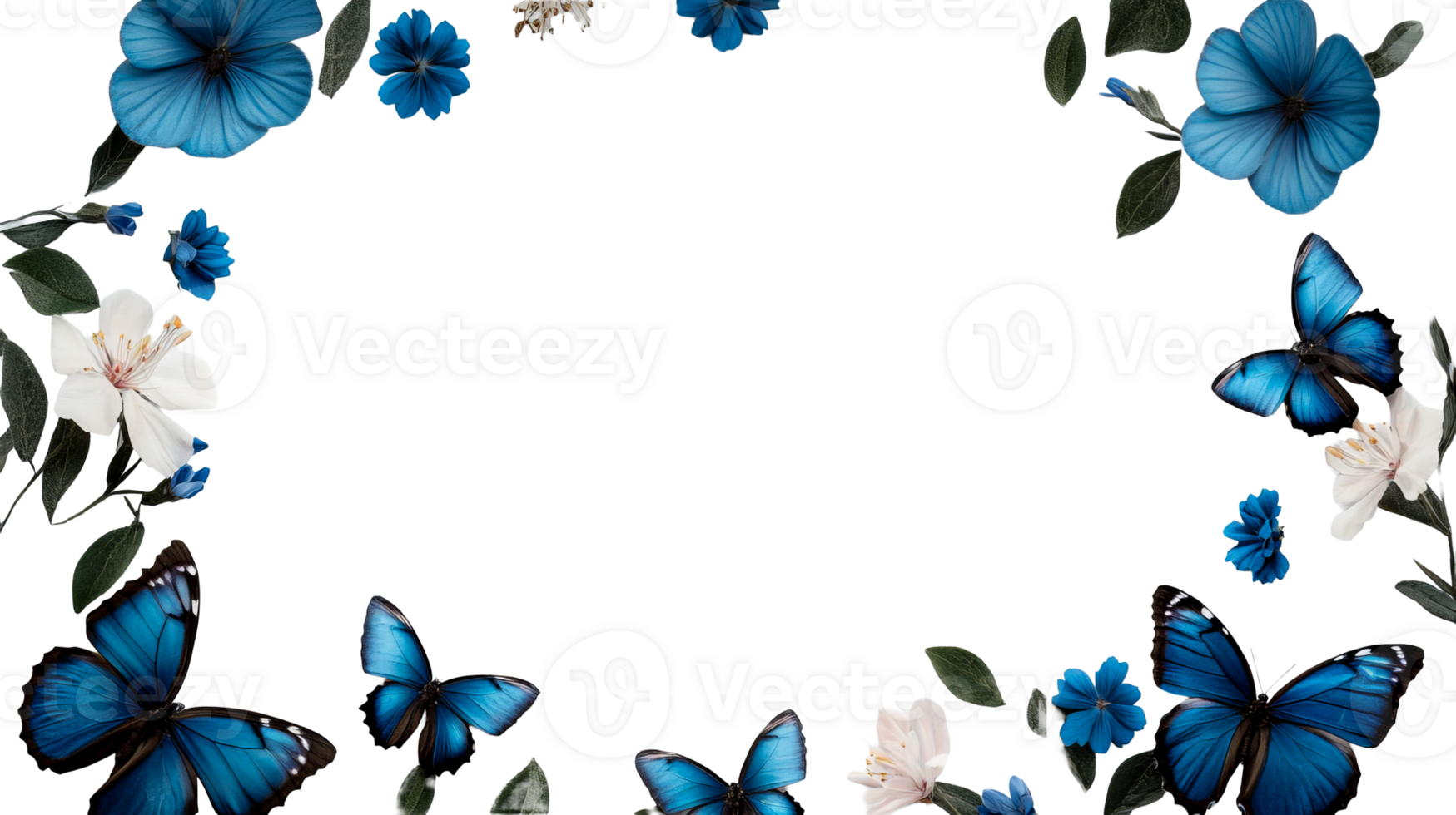 Blue butterflies and flowers frame, delicate decorative design, cut out transparent png