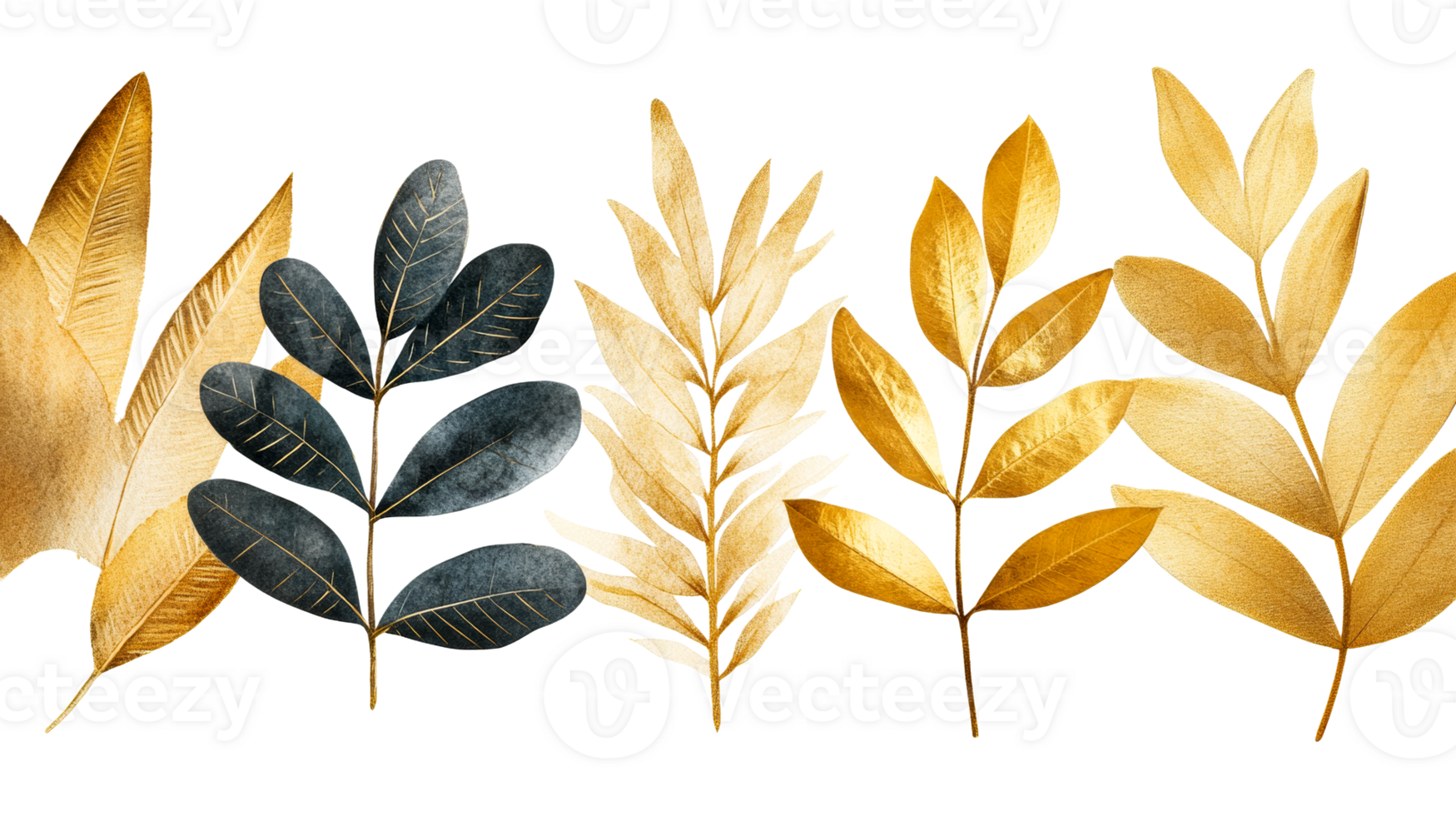 Golden leaves with black background, modern elegant style , cut out transparent png