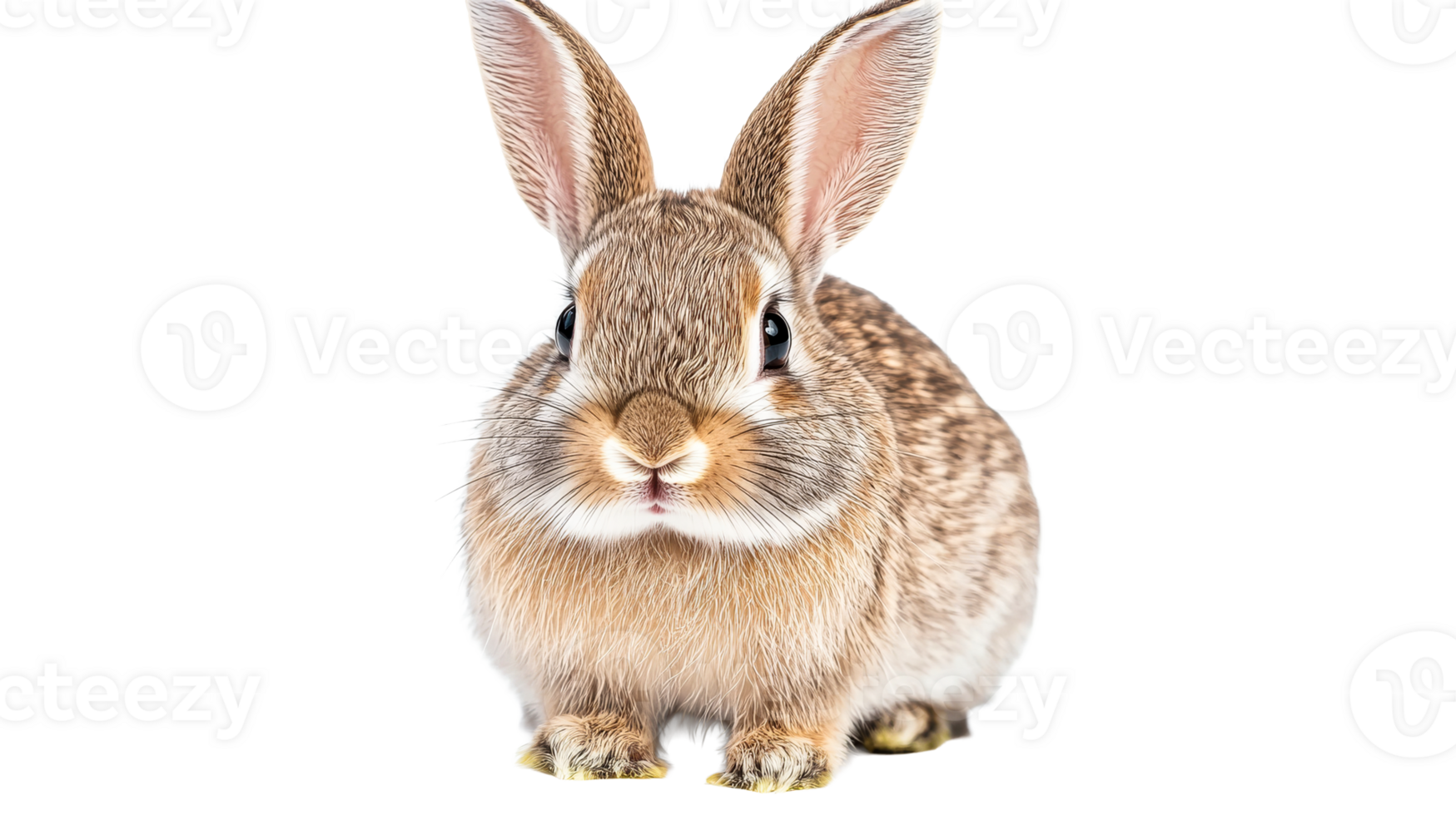Brown rabbit with long ears sits against black background, cut out transparent png