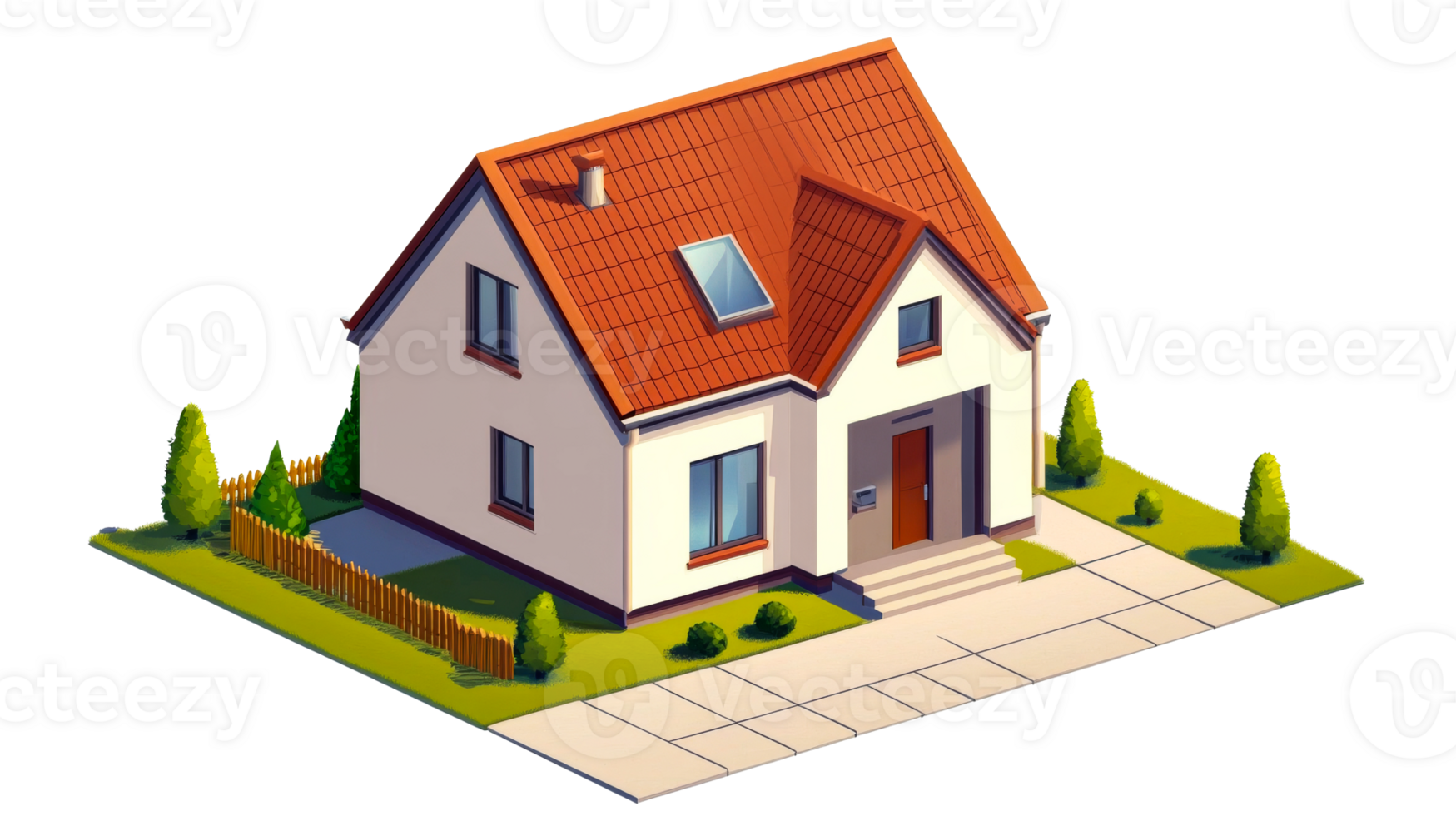 Isometric house with red roof, garden, and driveway, cut out transparent png