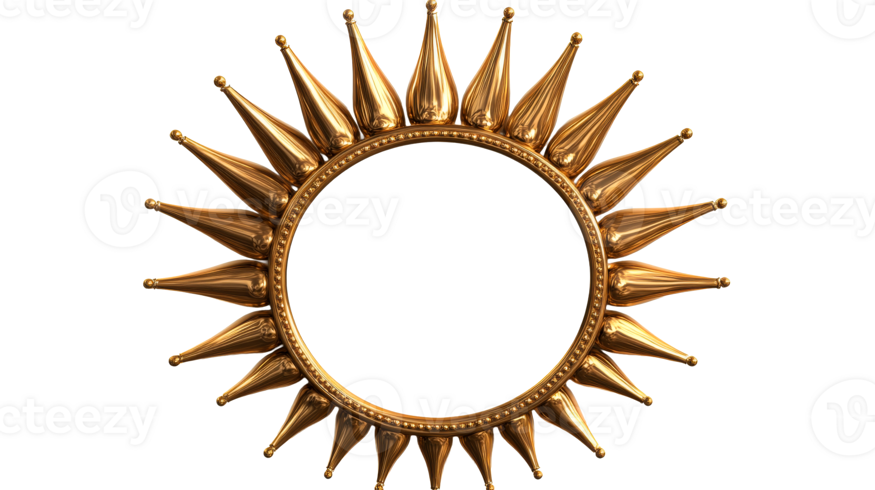 Golden sun frame with decorative edges, detailed 3D rendering, cut out transparent png