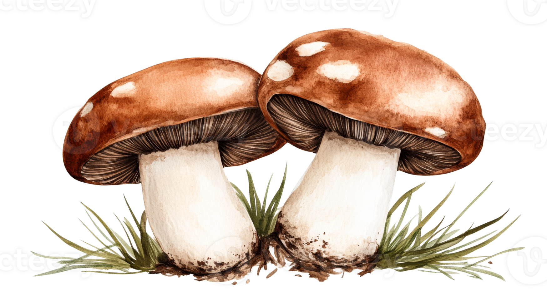 Mushrooms in artistic watercolor illustration with black background, cut out transparent png