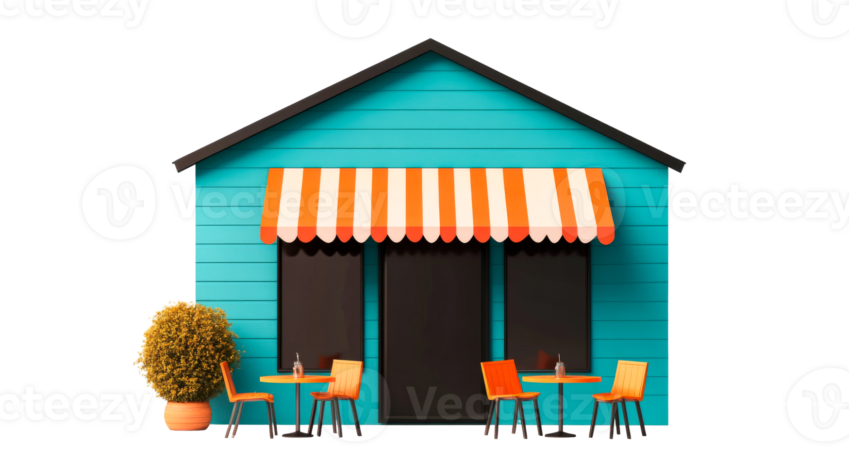 Turquoise building, shop with awning, outdoor cafe, isometric view, cut out transparent png