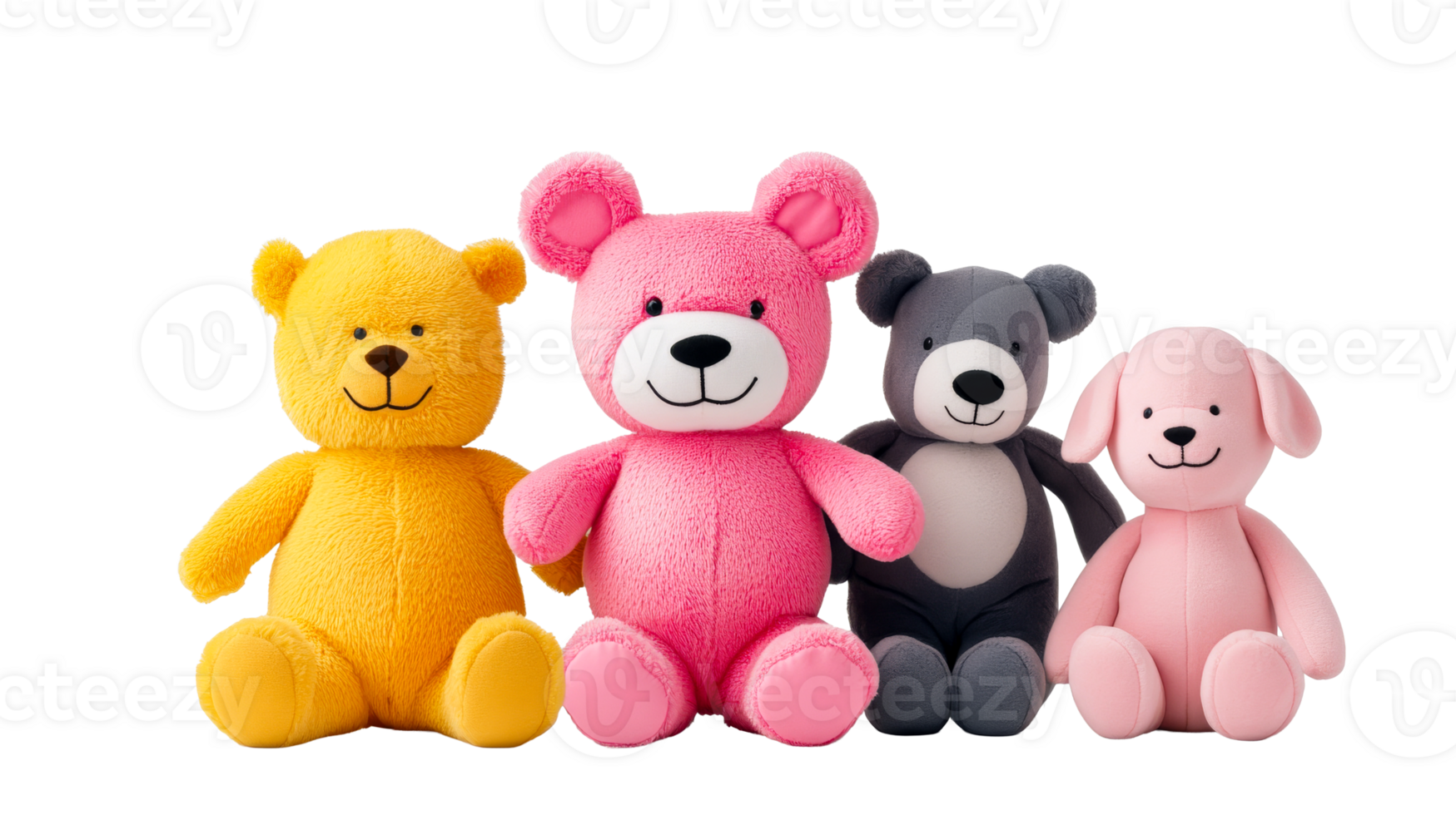 Teddy bears and puppy plush toys in a row isolated , cut out transparent png