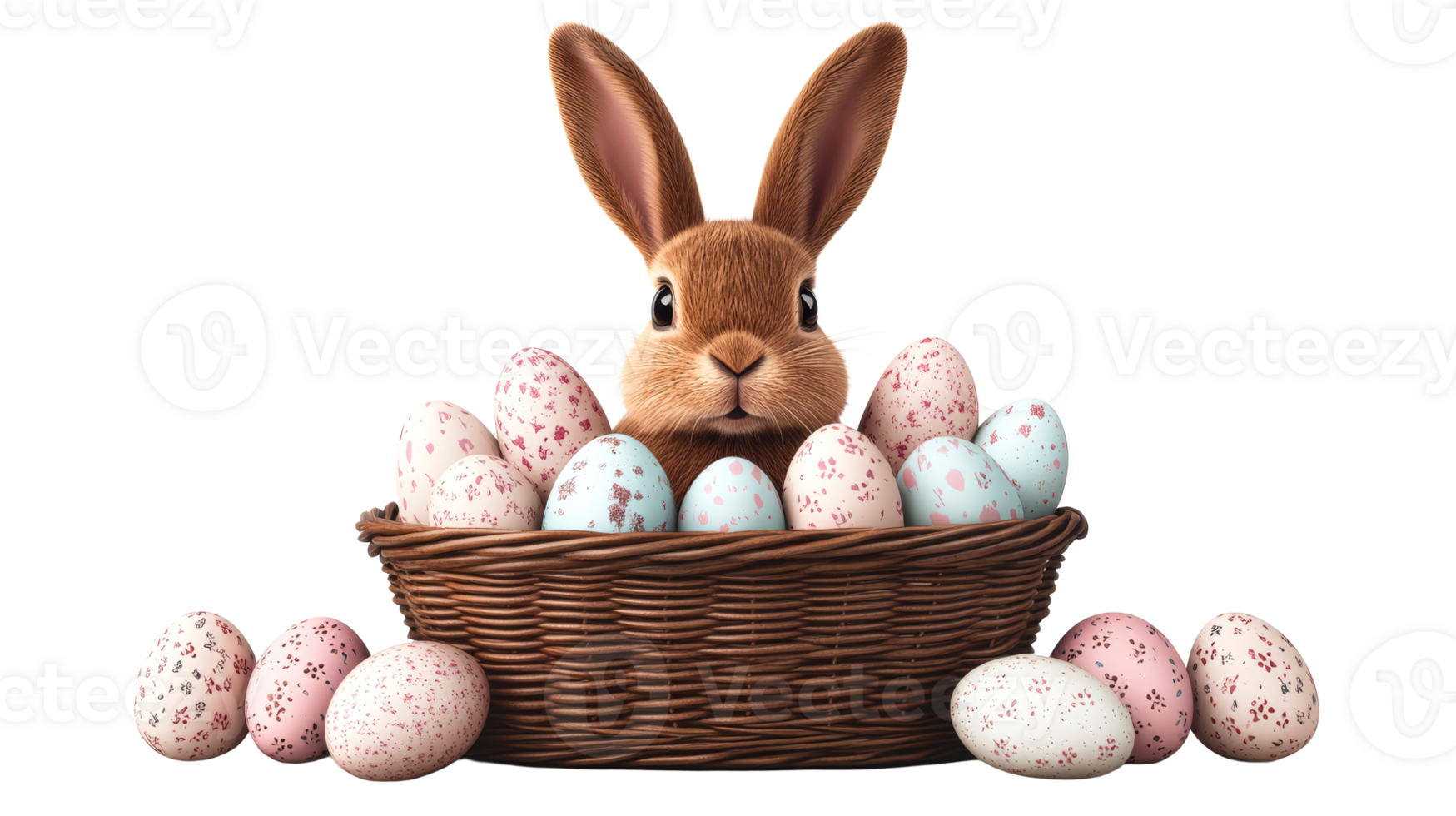 Easter bunny peeking from egg basket, colorful eggs scattered, cut out transparent png