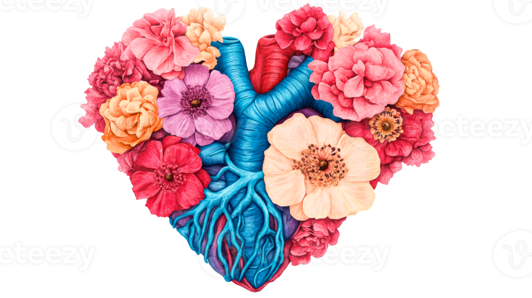 Heart with flowers, anatomical, vibrant colors, artistic design, cut out transparent png