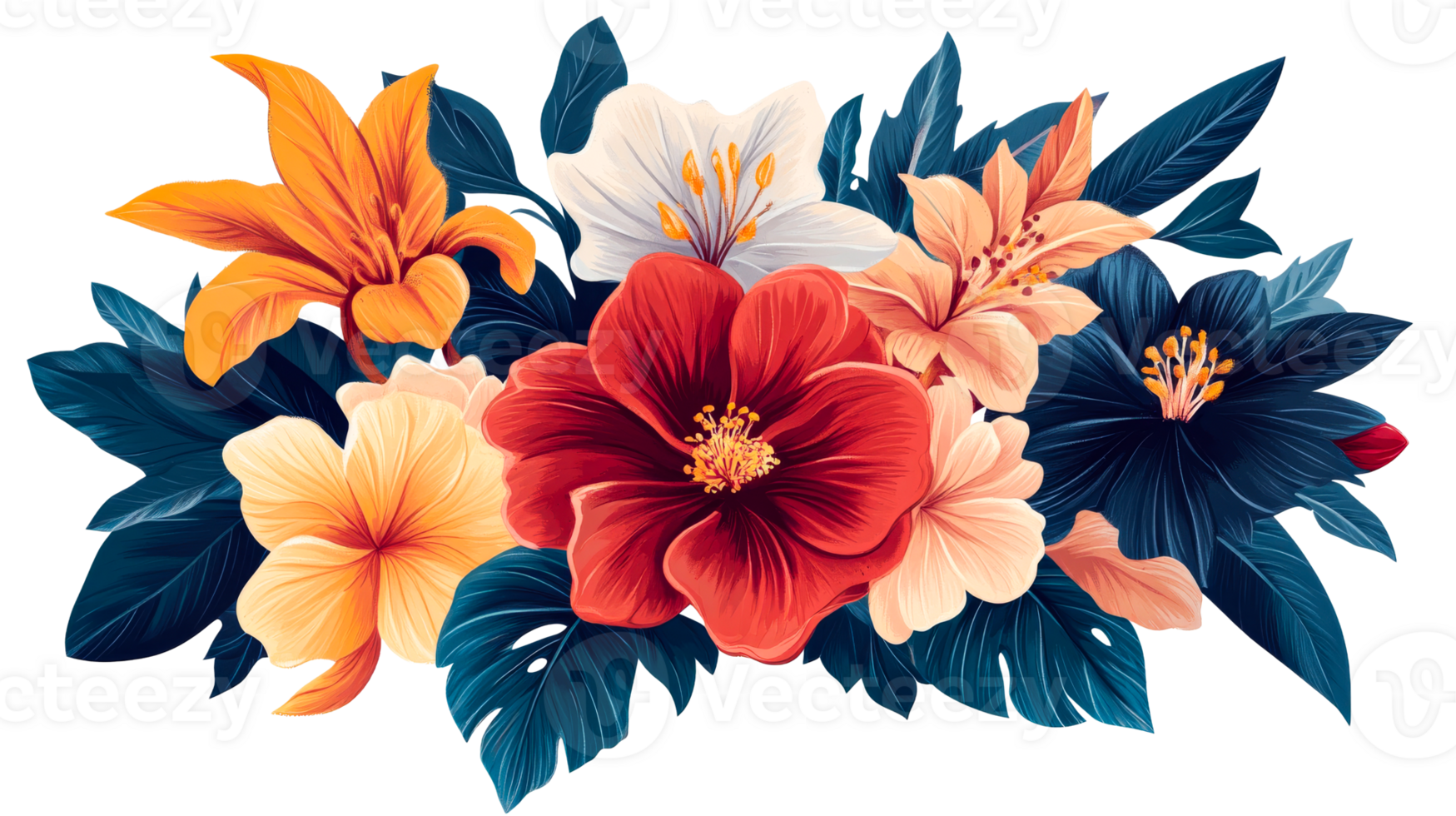 Blooming floral bouquet of colorful tropical flowers , cut out transparent png