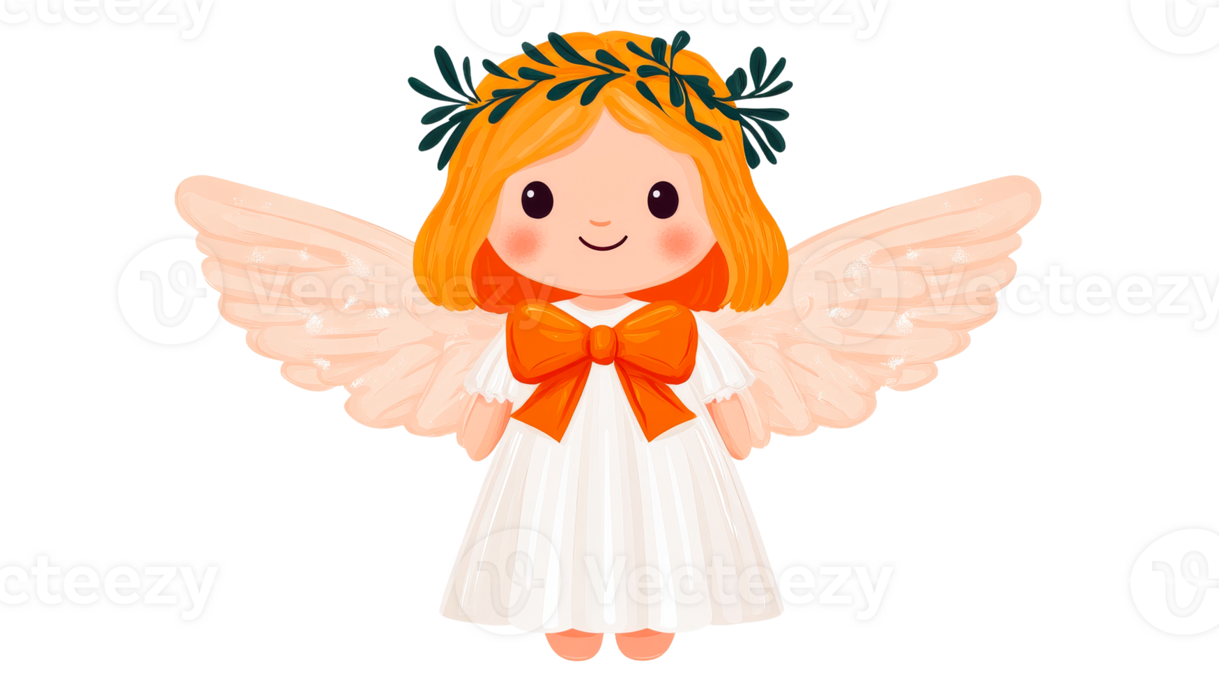 Cute angel girl with wings and bow in white dress, cut out transparent png