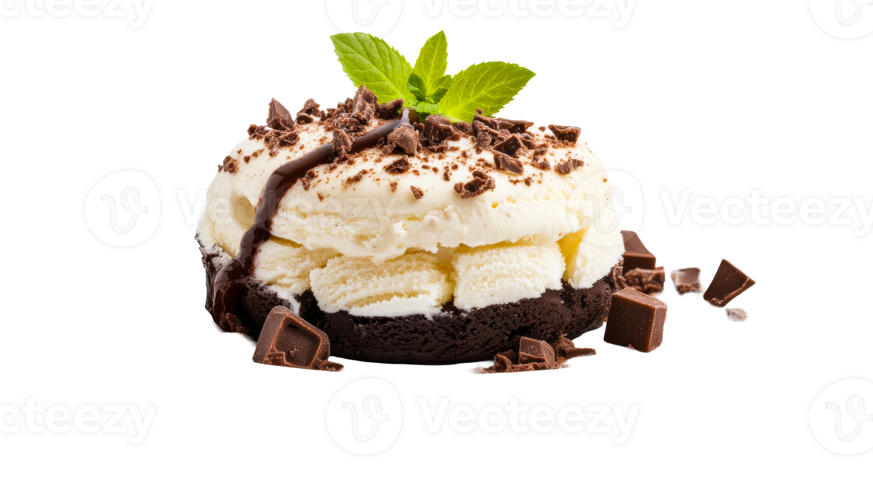 Chocolate brownie with ice cream, mint leaves and chocolate sauce, cut out transparent png