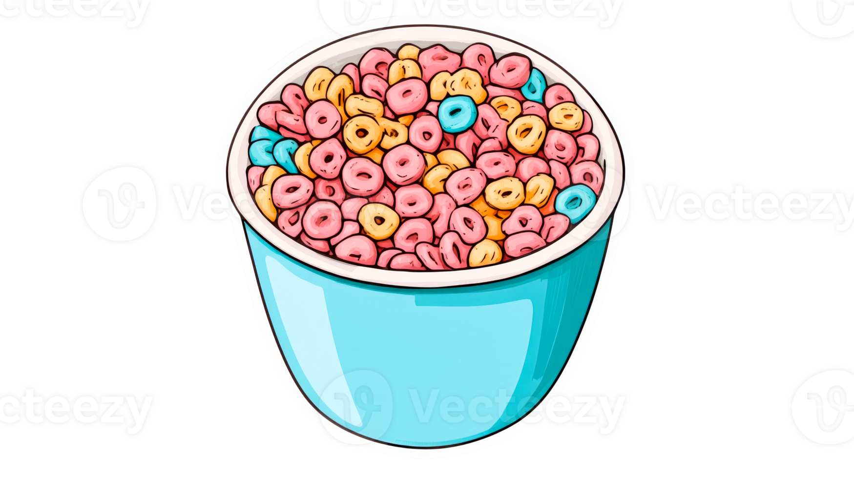 Bowl of colorful breakfast cereal, pink, yellow, and blue, cut out transparent png