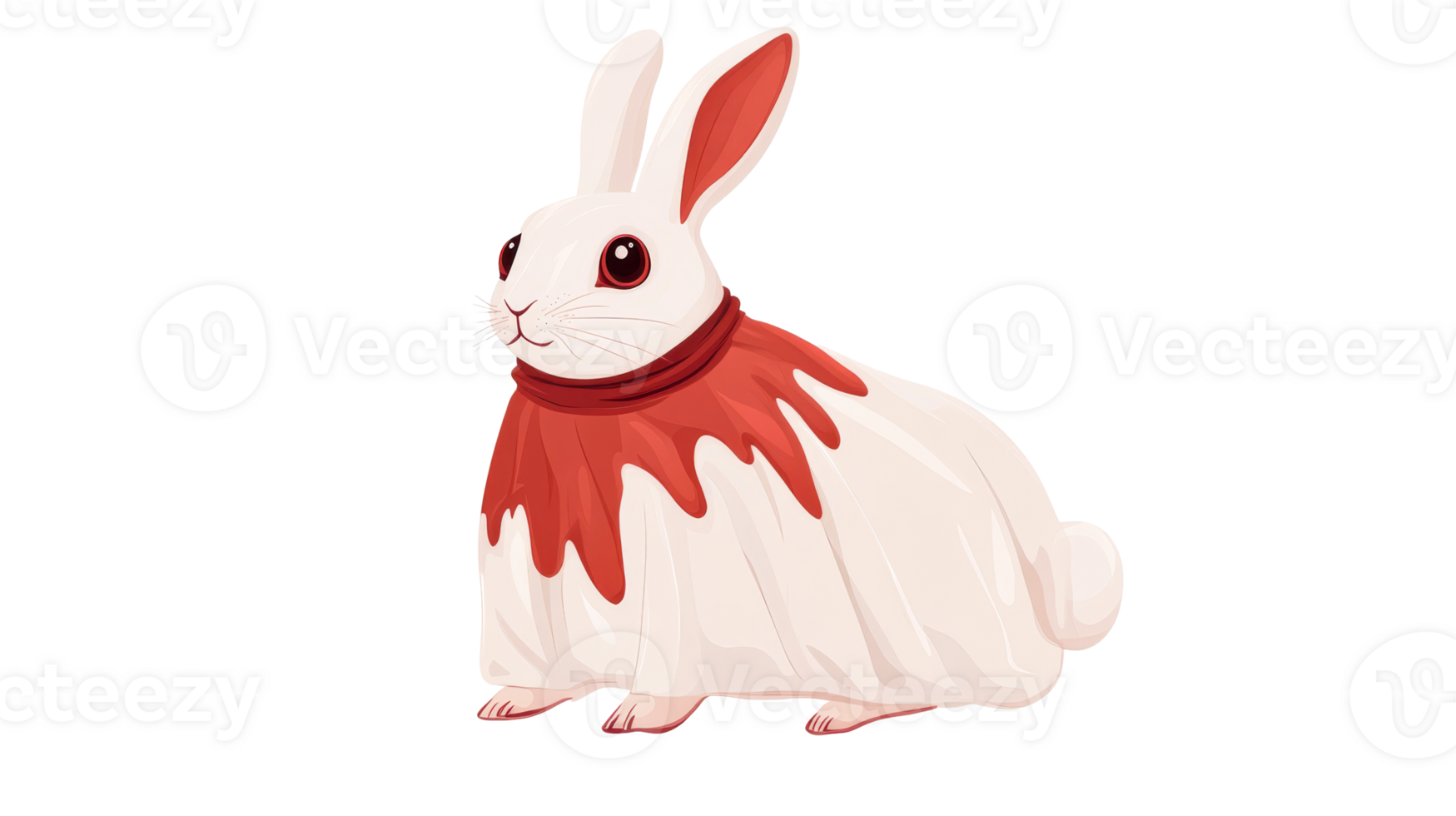 White rabbit with red scarf, elegant cartoon style, cut out transparent png