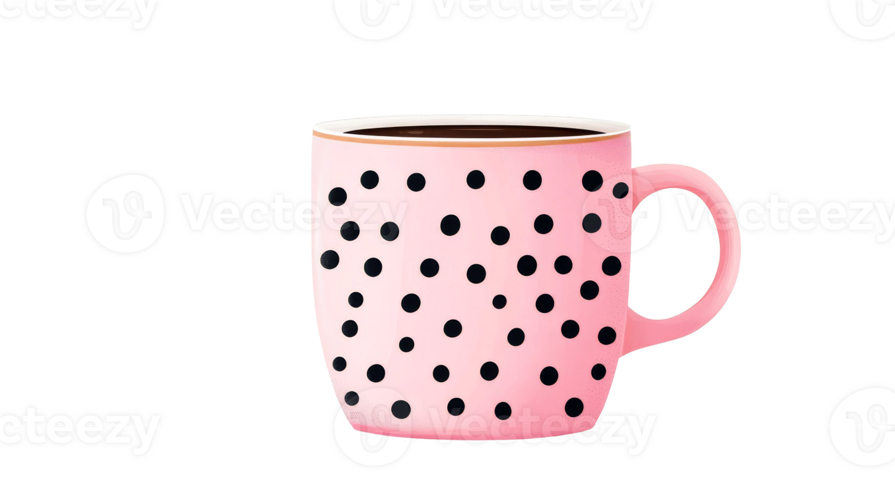 Pink mug with black dots holding coffee, cut out transparent png