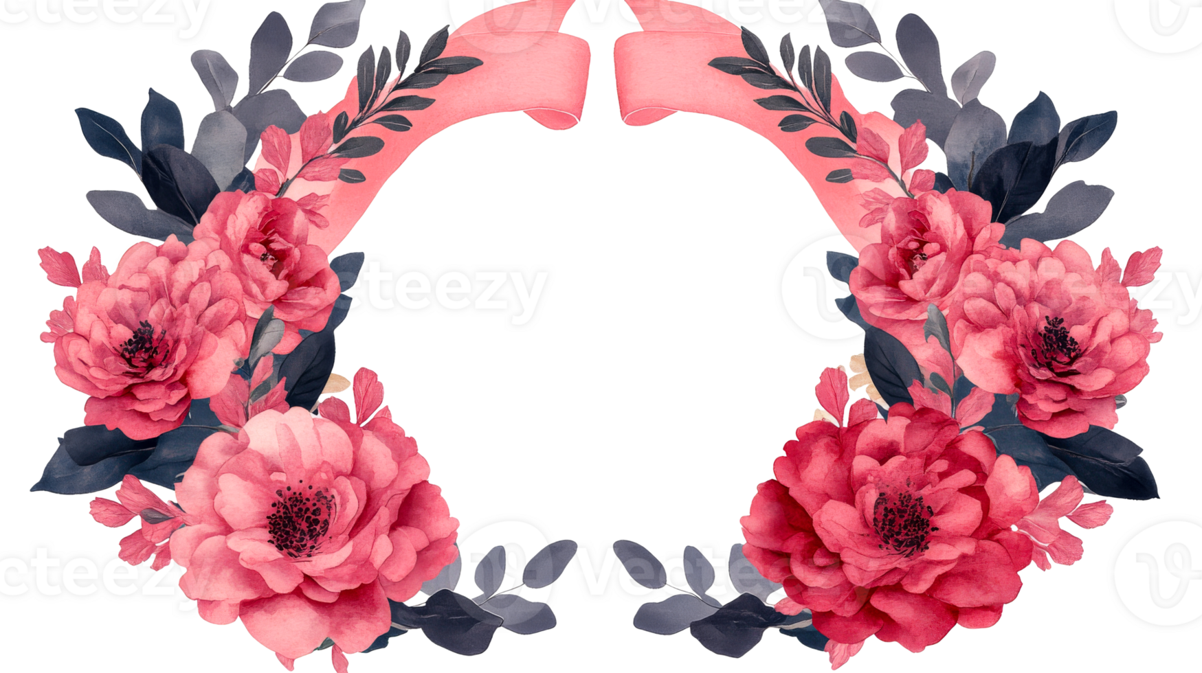 Pink floral ribbon frame, flower arrangement cutout transparent png