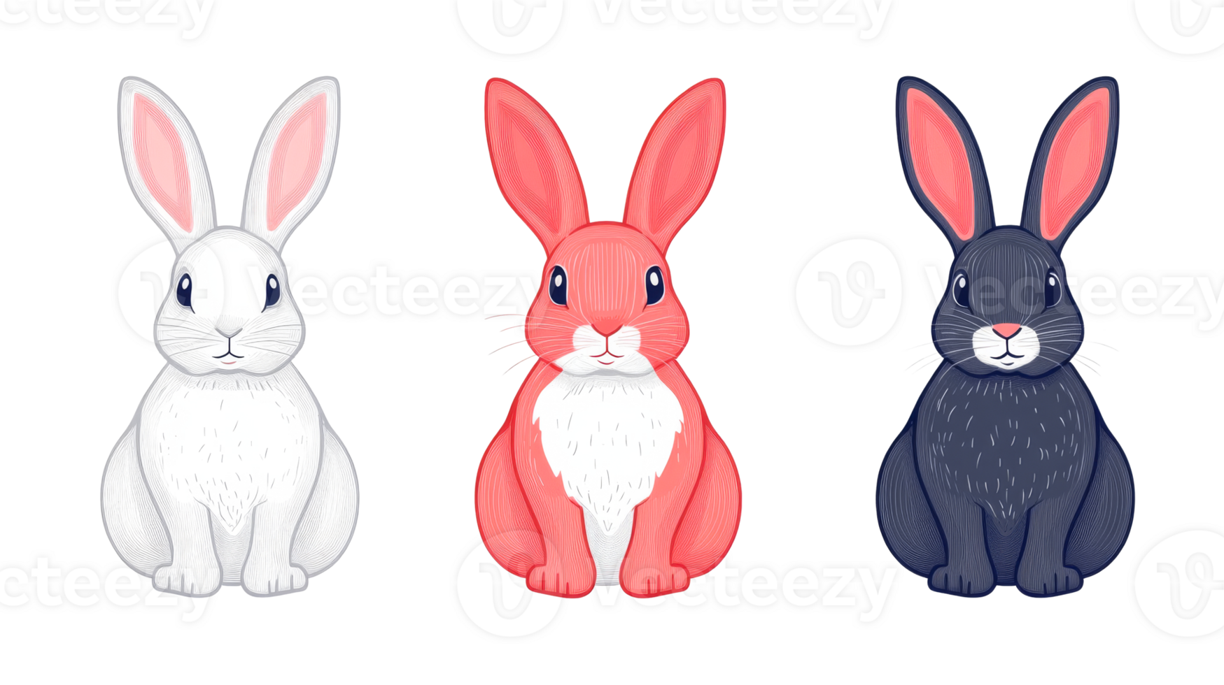 Three bunnies different colors on black background, cut out transparent png
