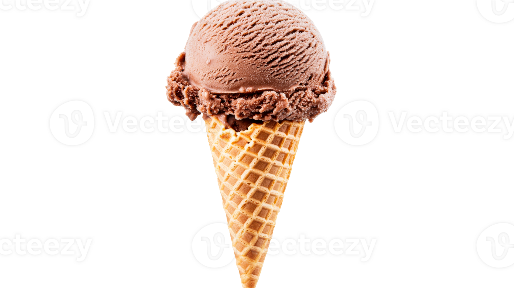 Chocolate ice cream in a waffle cone on black background, cut out transparent png