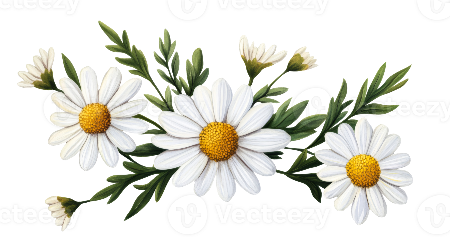 Daisies with white petals and yellow centers in a bouquet, cut out transparent png