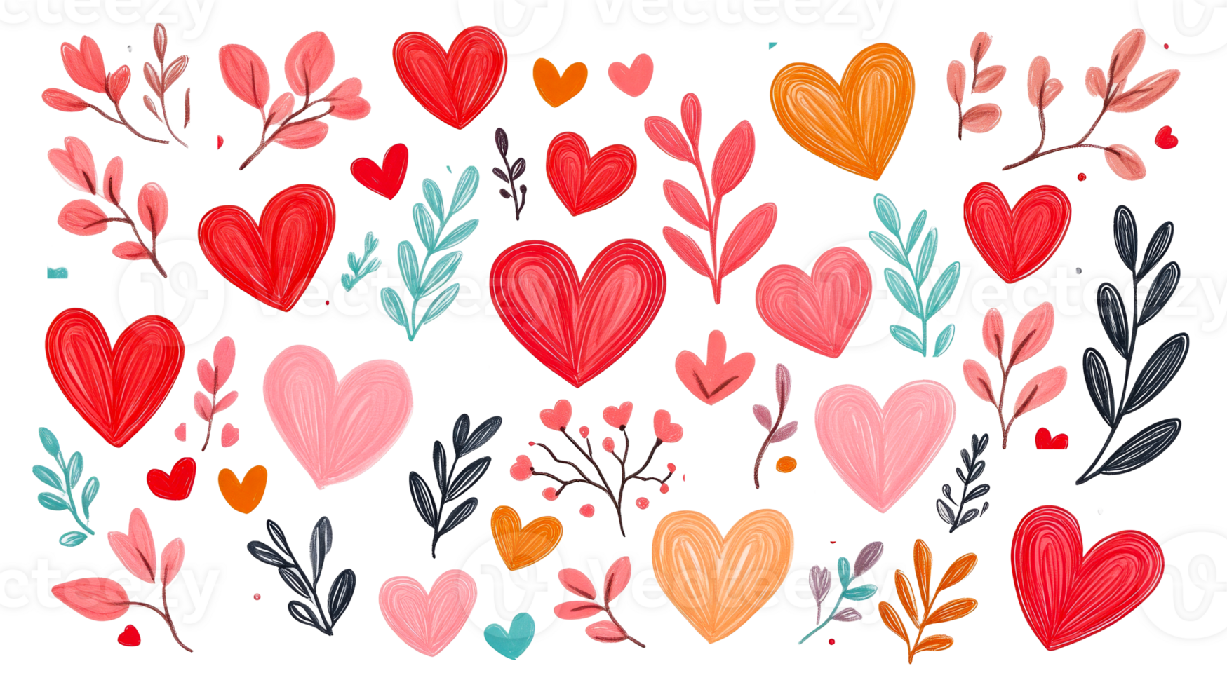 Valentine's Day digital scrapbook with heart and leaf elements, cut out transparent png