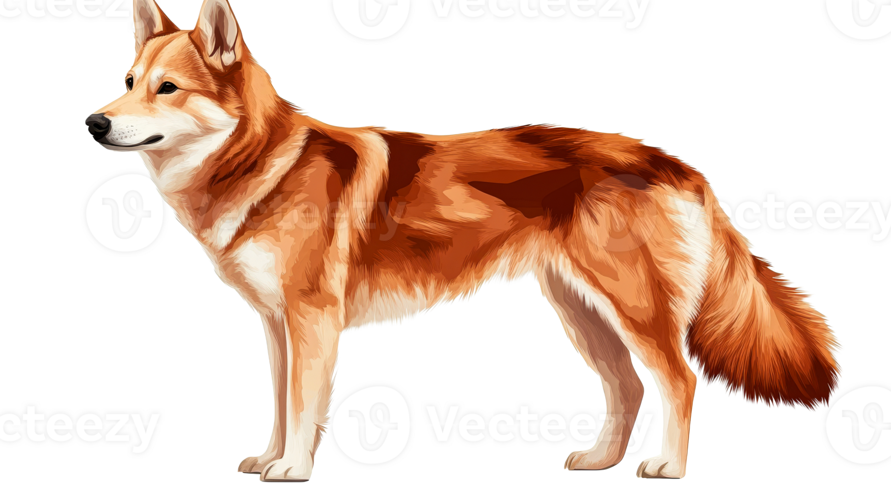 Standing red dog breed with thick fur, attentive, cut out transparent png
