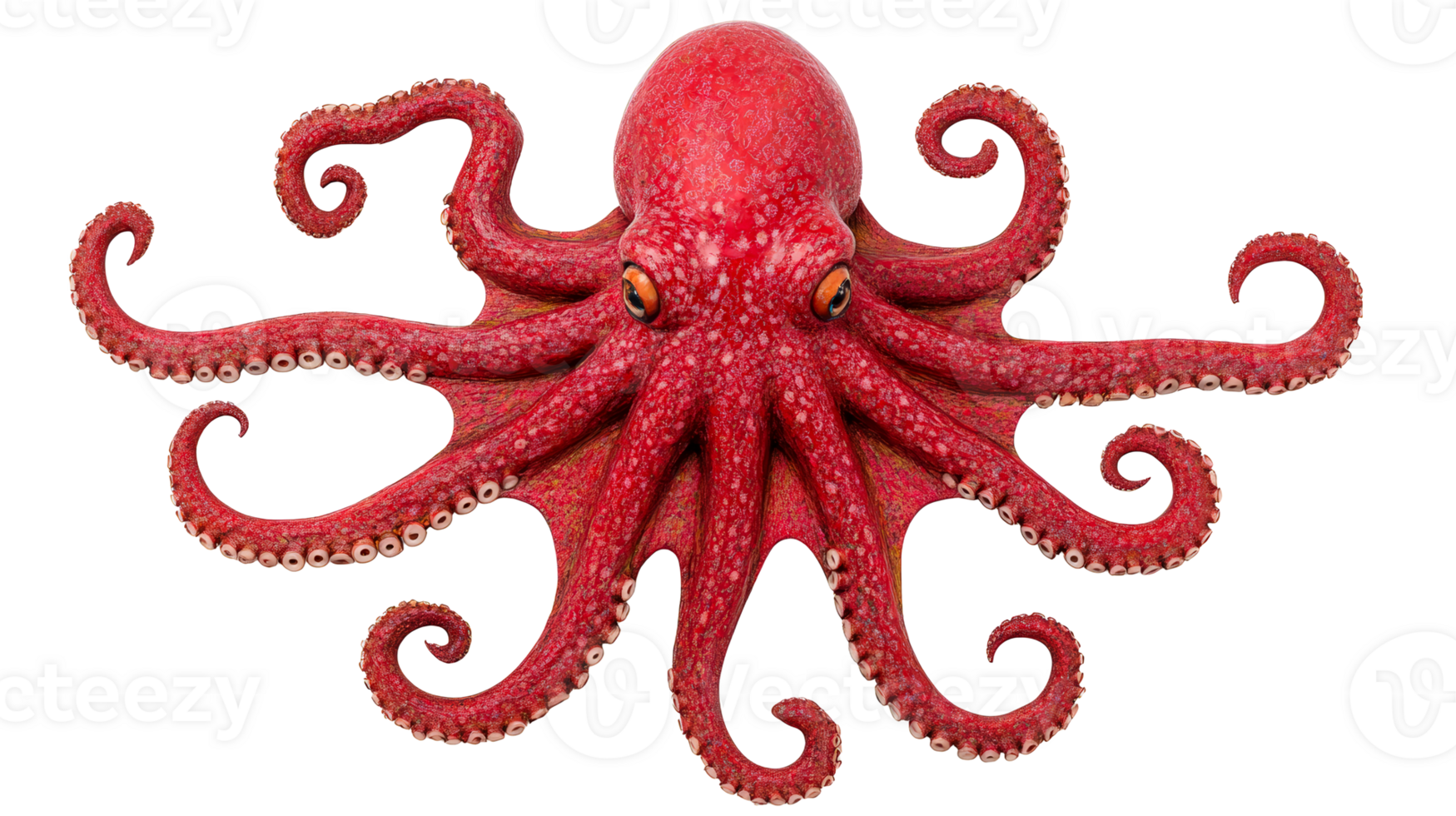 Red octopus with tentacles, isolated on black background, cut out transparent png