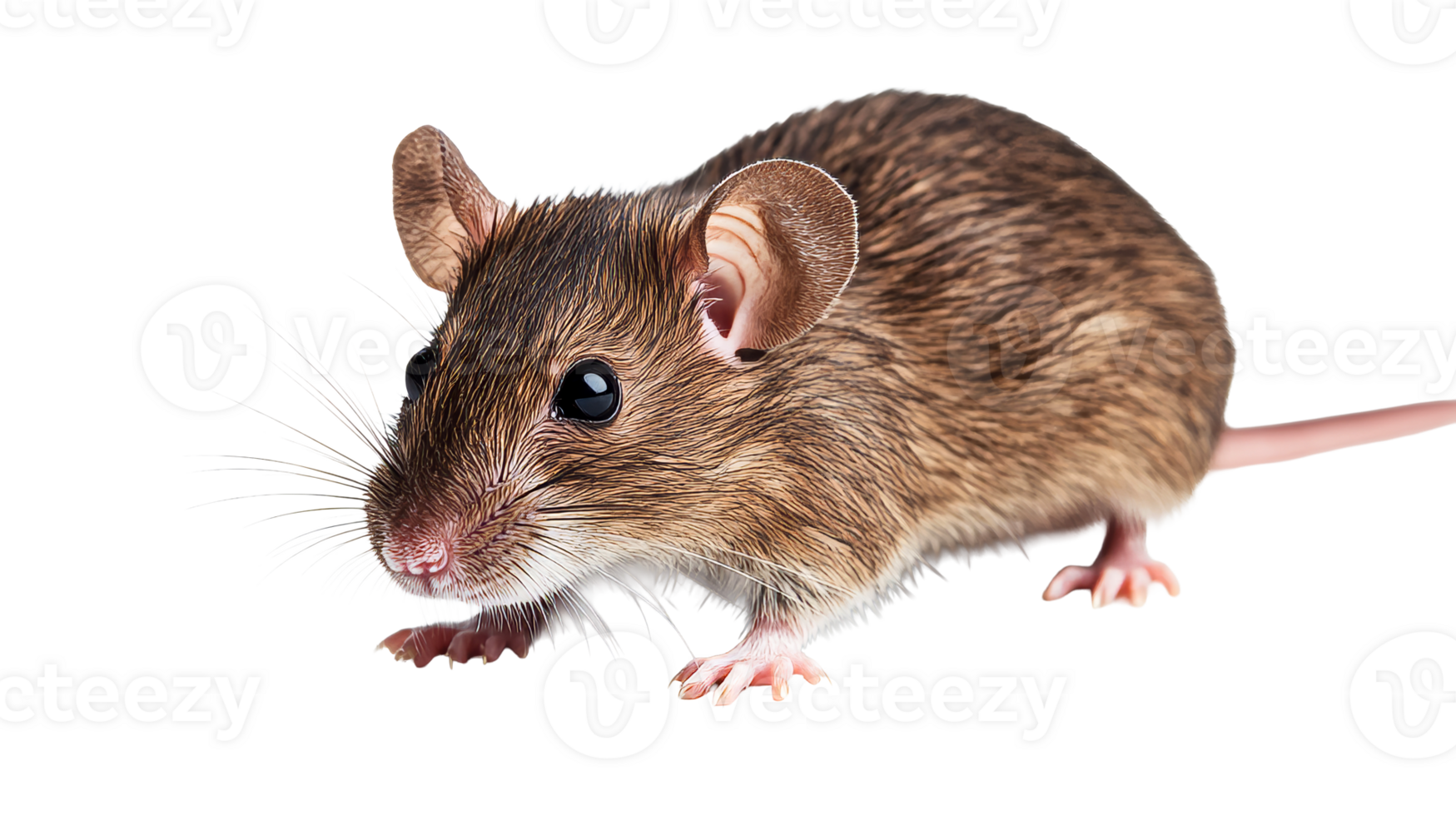 Brown mouse with long whiskers stands alert, cut out transparent png