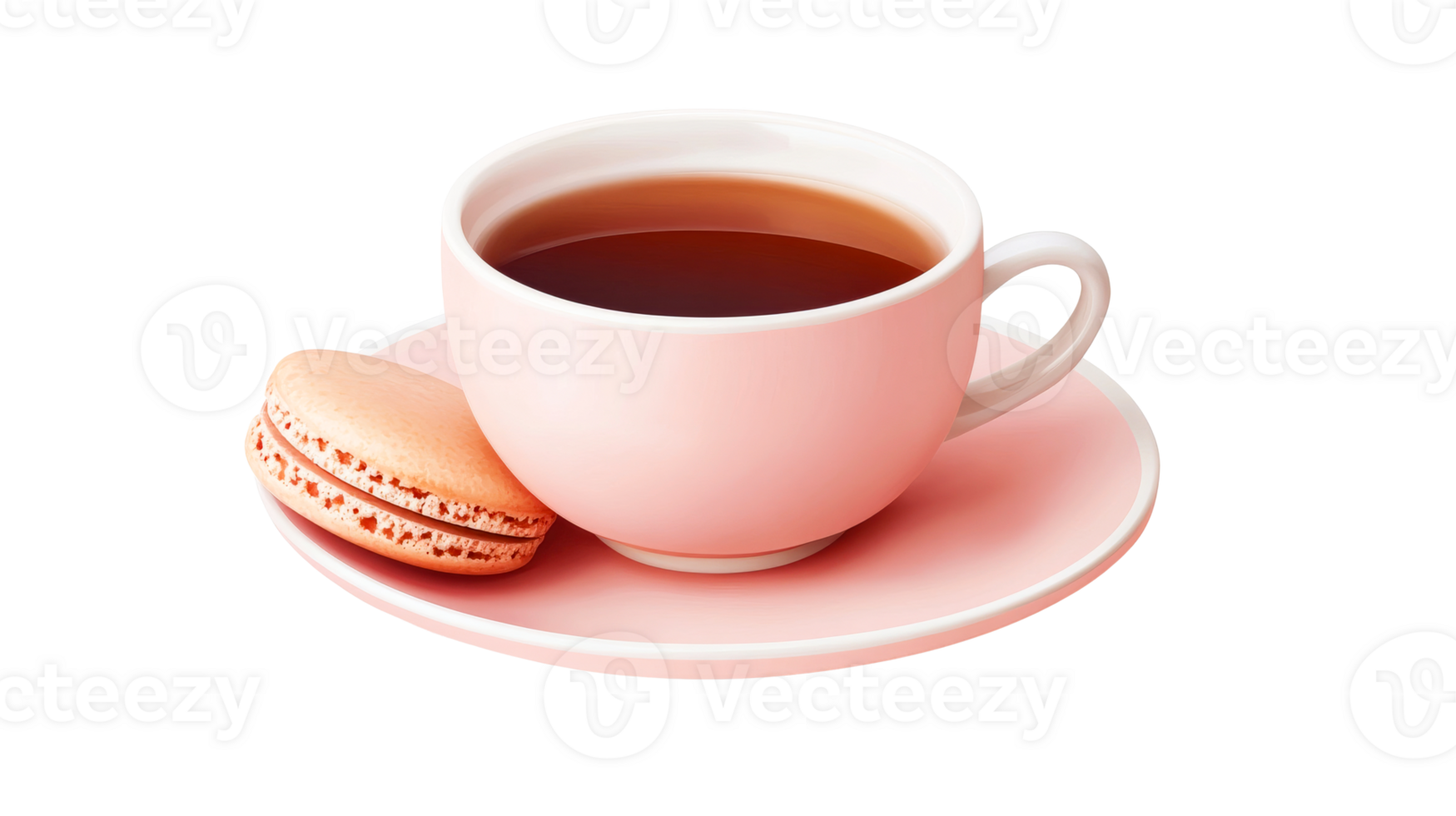Pastel tea cup with a macaron against black background, cut out transparent png