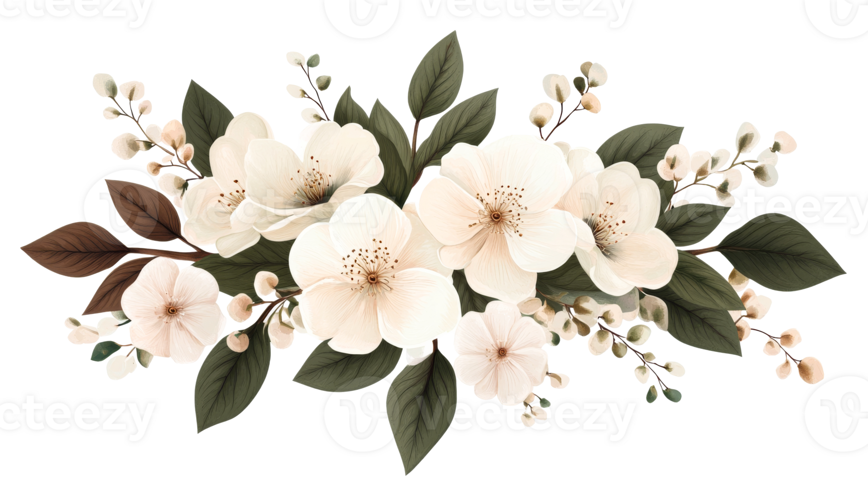 Floral blossom arrangement with white flowers and foliage, cut out transparent png