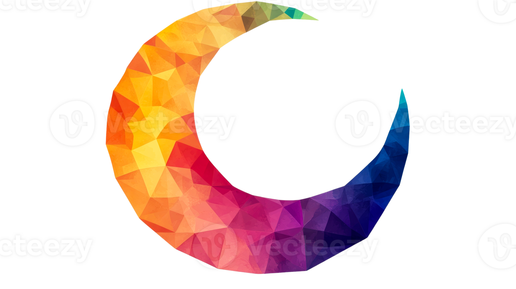 Crescent moon mosaic pattern in vivid rainbow spectrum colors, cut out transparent png