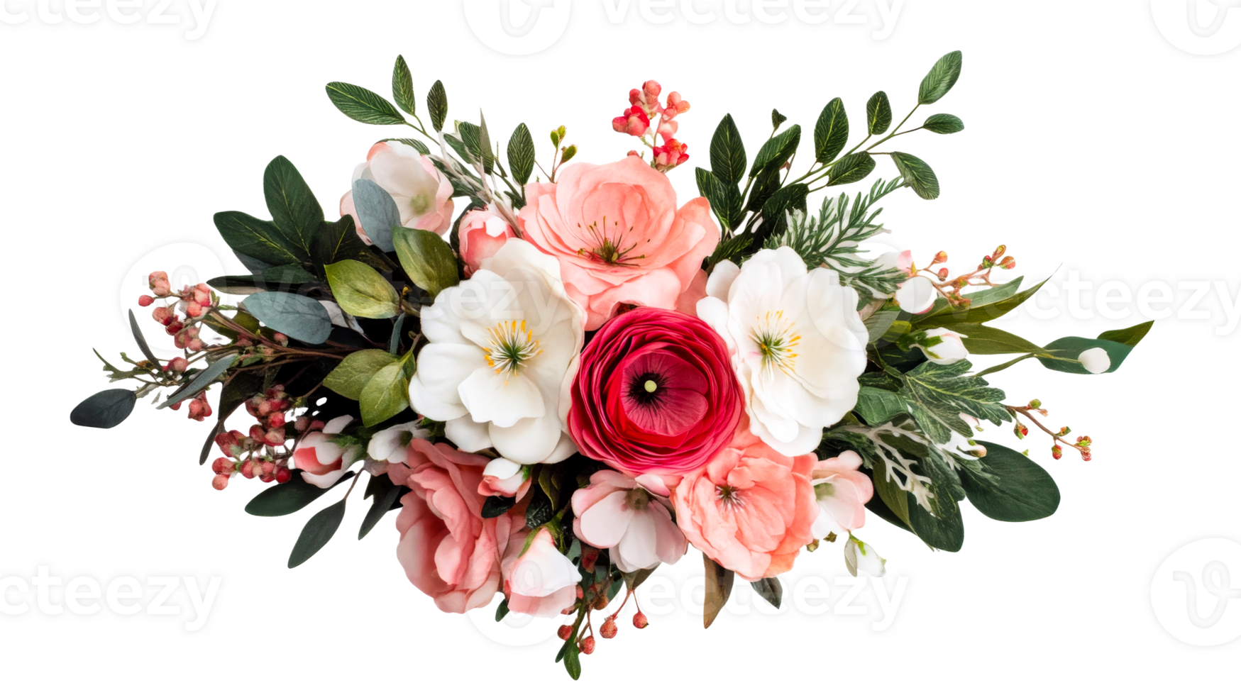 Floral arrangement with soft pinks and reds, cut out transparent png