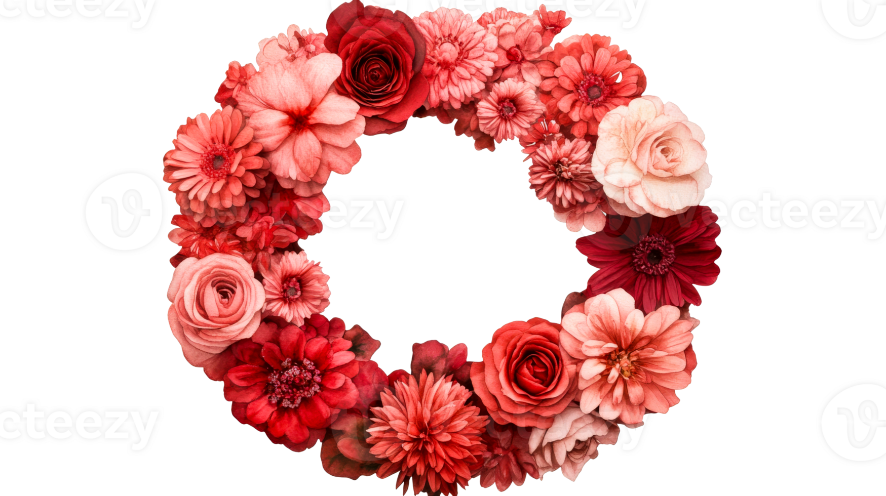 Red floral wreath artwork with transparent background, cut out transparent png