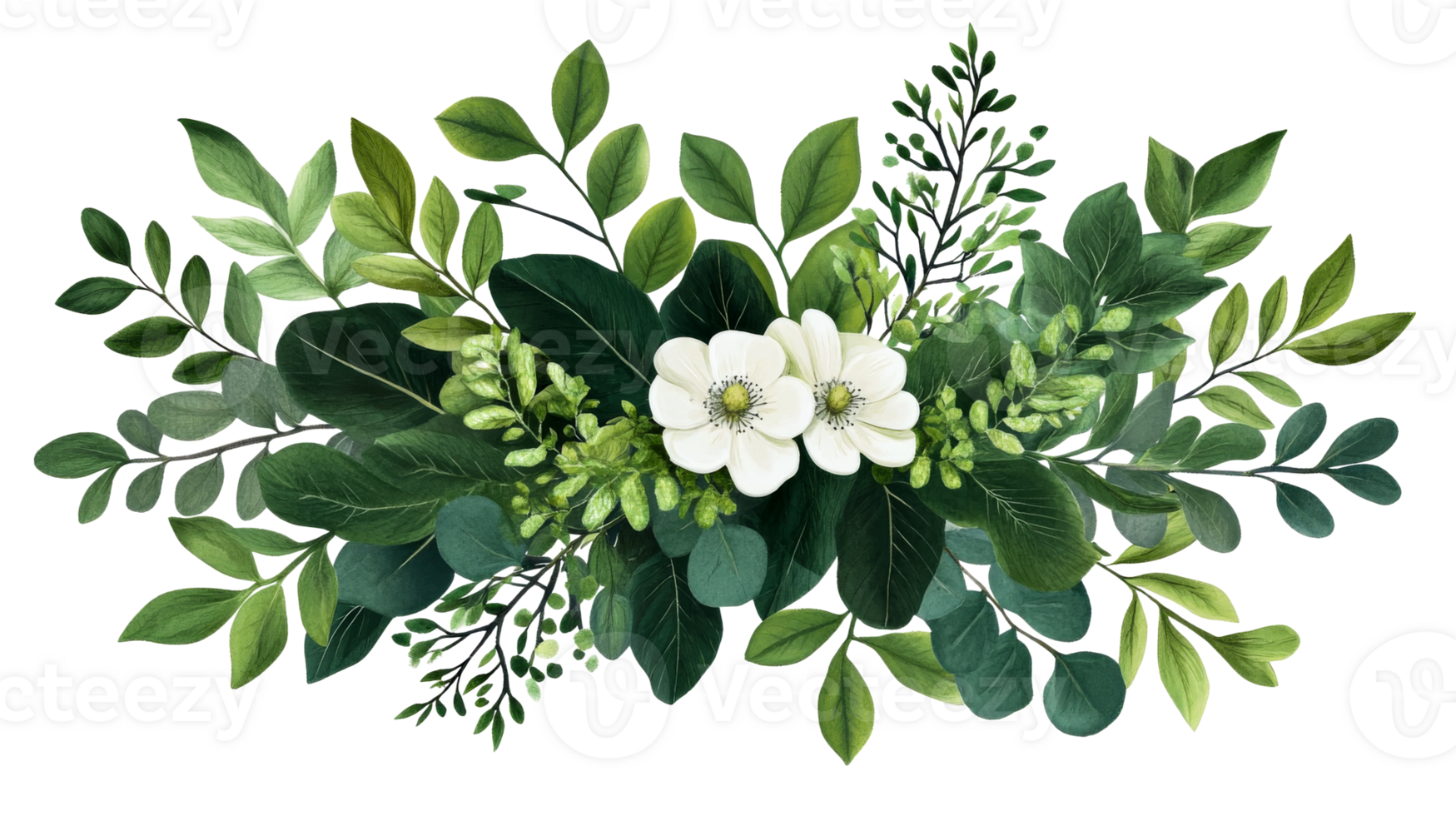 Floral arrangement with white anemones and eucalyptus, cut out transparent png