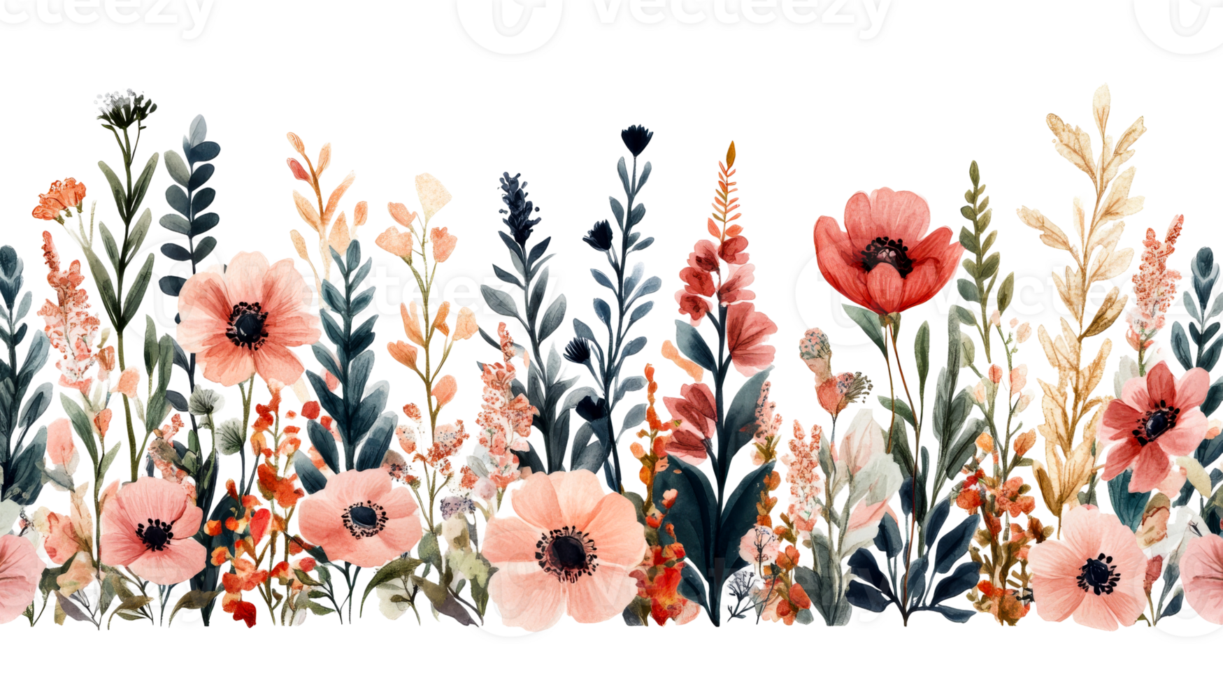 Watercolor meadow border on black background, floral frame, cut out transparent png