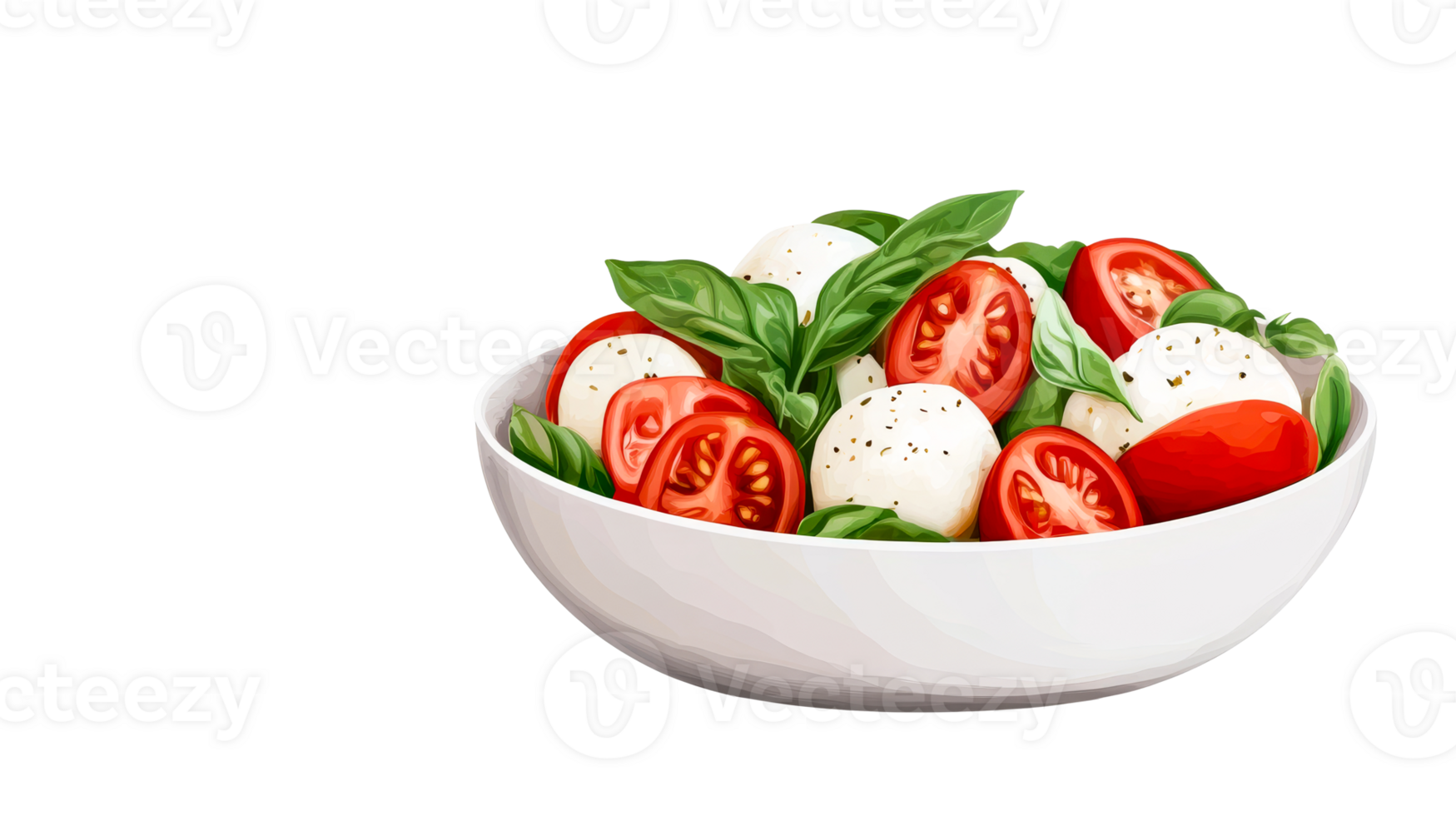Caprese salad in white bowl with basil and pepper , cut out transparent png