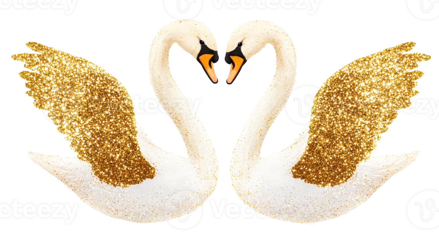 Two swans with glitter wings forming heart, cut out transparent png