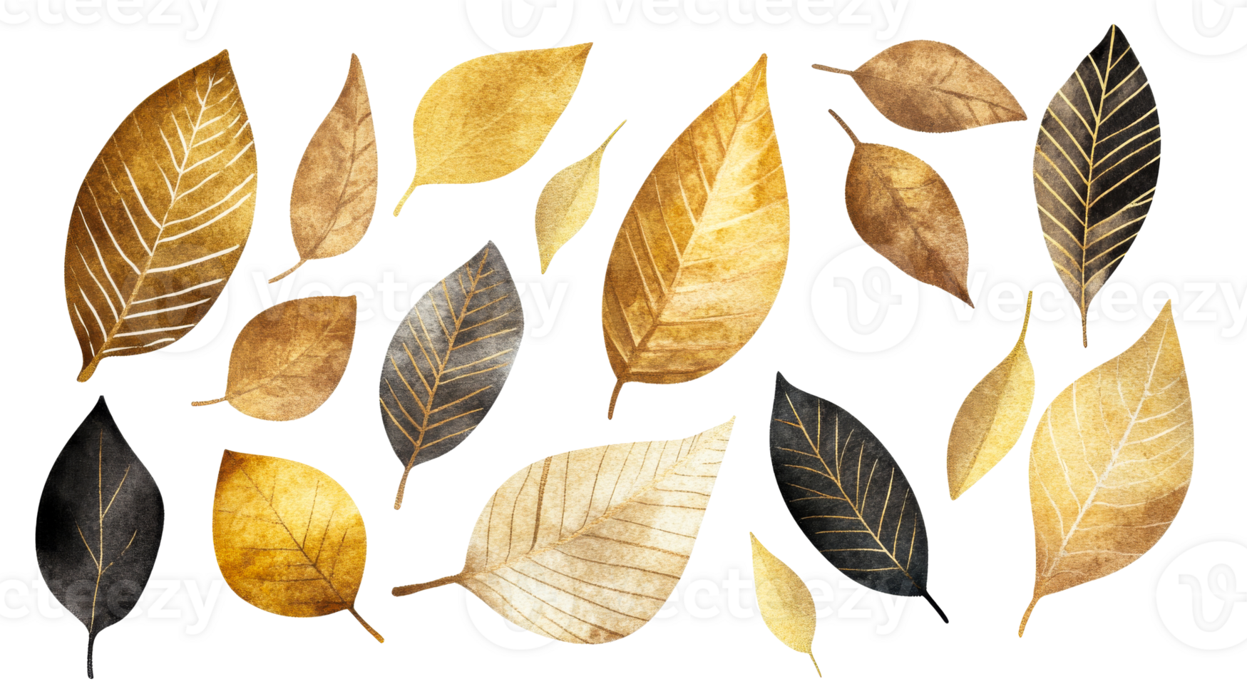 Fall Gold Watercolor Leaves Collection on Black, cut out transparent png