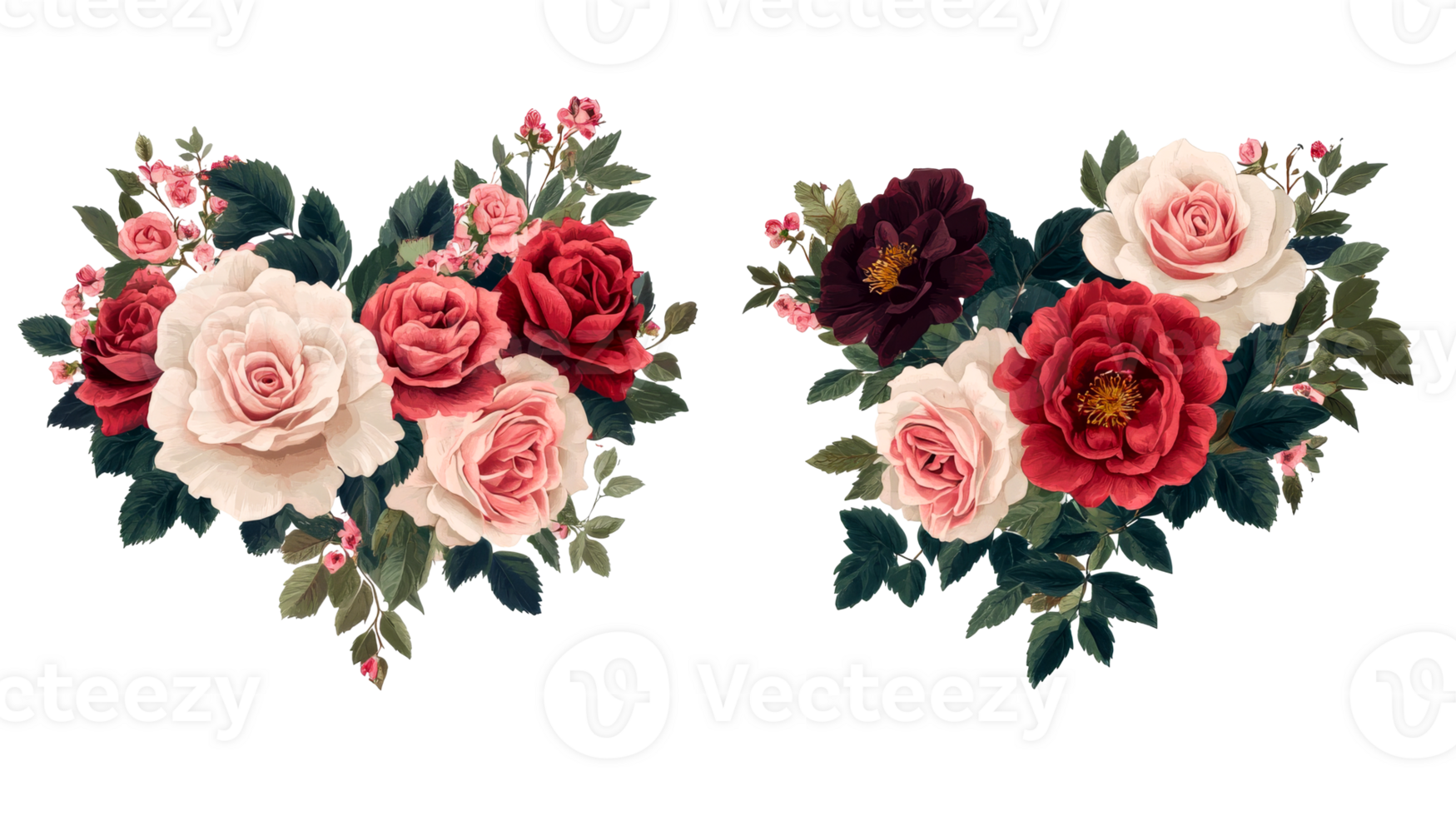 Two lush floral arrangement with colorful roses, cut out transparent png