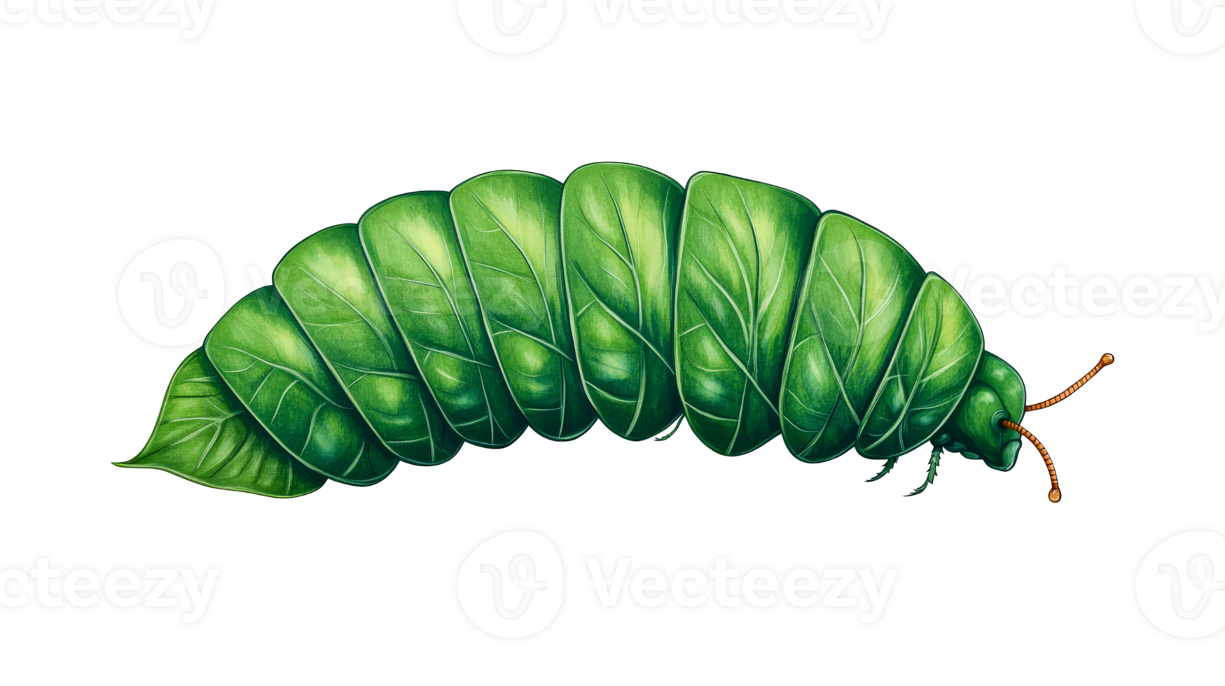 Leaf-like green caterpillar with antennae on a black background, cut out transparent png