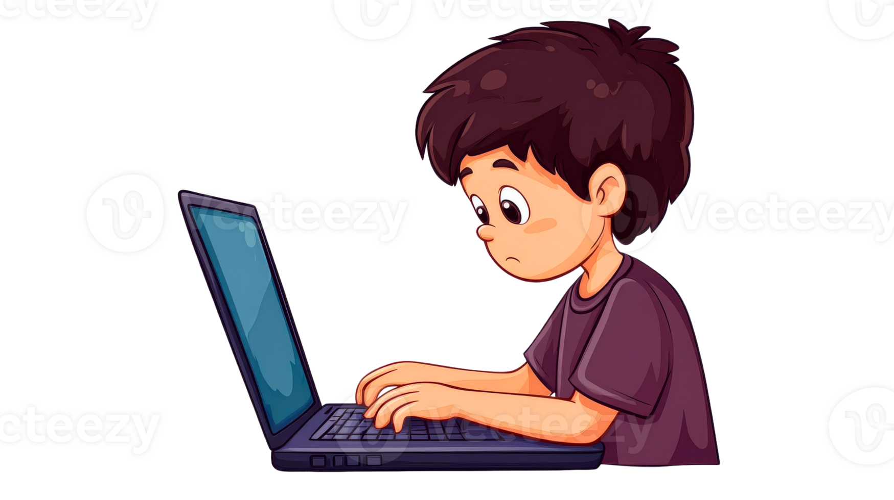 Boy intensely using laptop, looking focused and studious, cut out transparent png