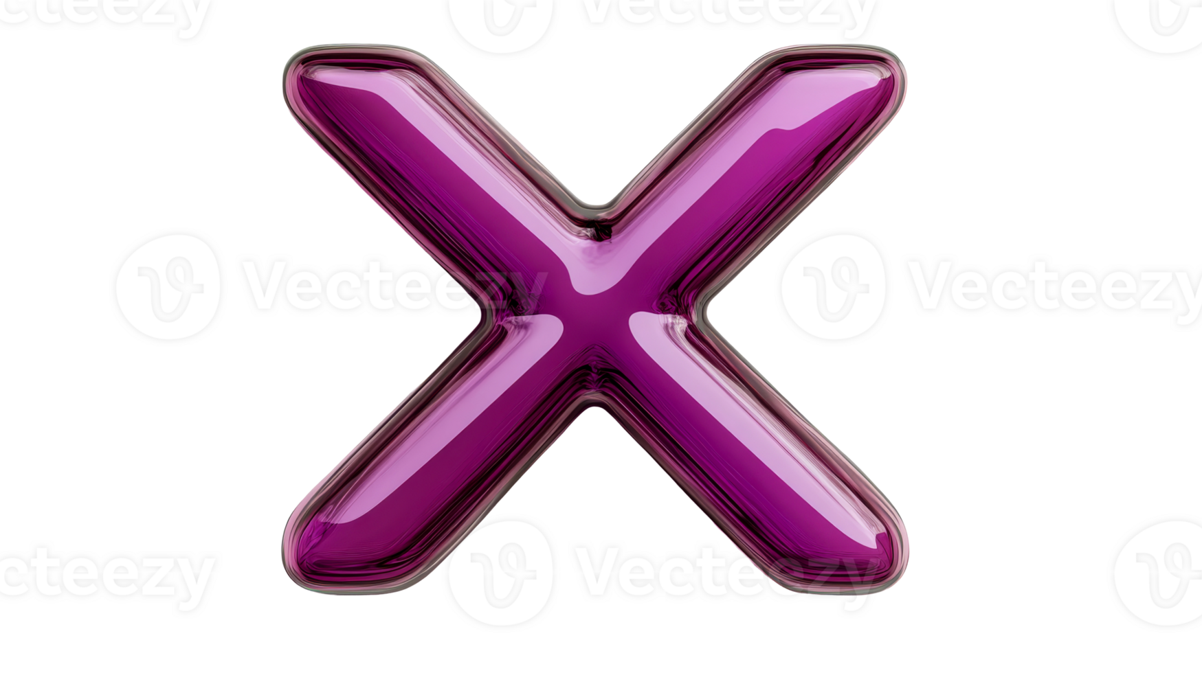 Volumetric symbol X with a magenta color and gloss, cut out transparent png