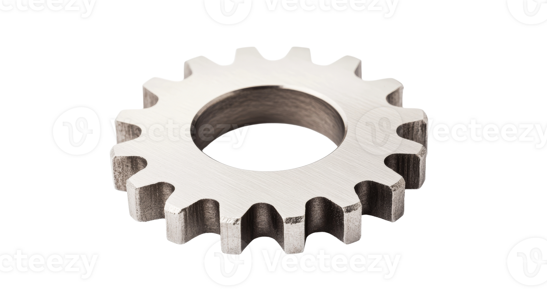 Metal cogwheel with teeth and center hole on black background, cut out transparent png