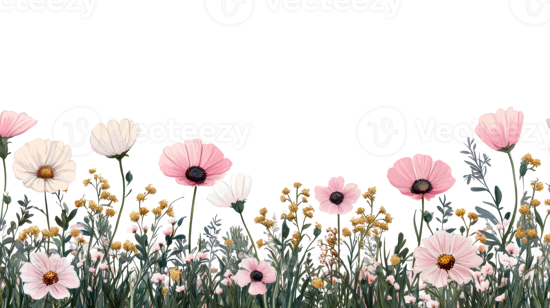 Meadow of Watercolor Flowers, Pink and White, Isolated, cut out transparent png
