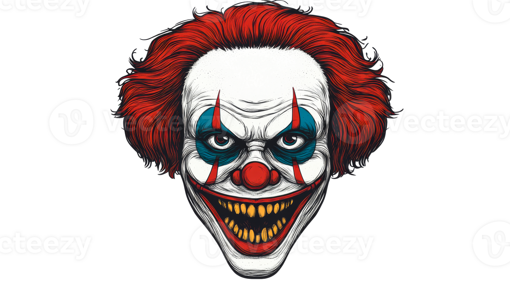 Creepy clown with sinister smile and red hair, cut out transparent png