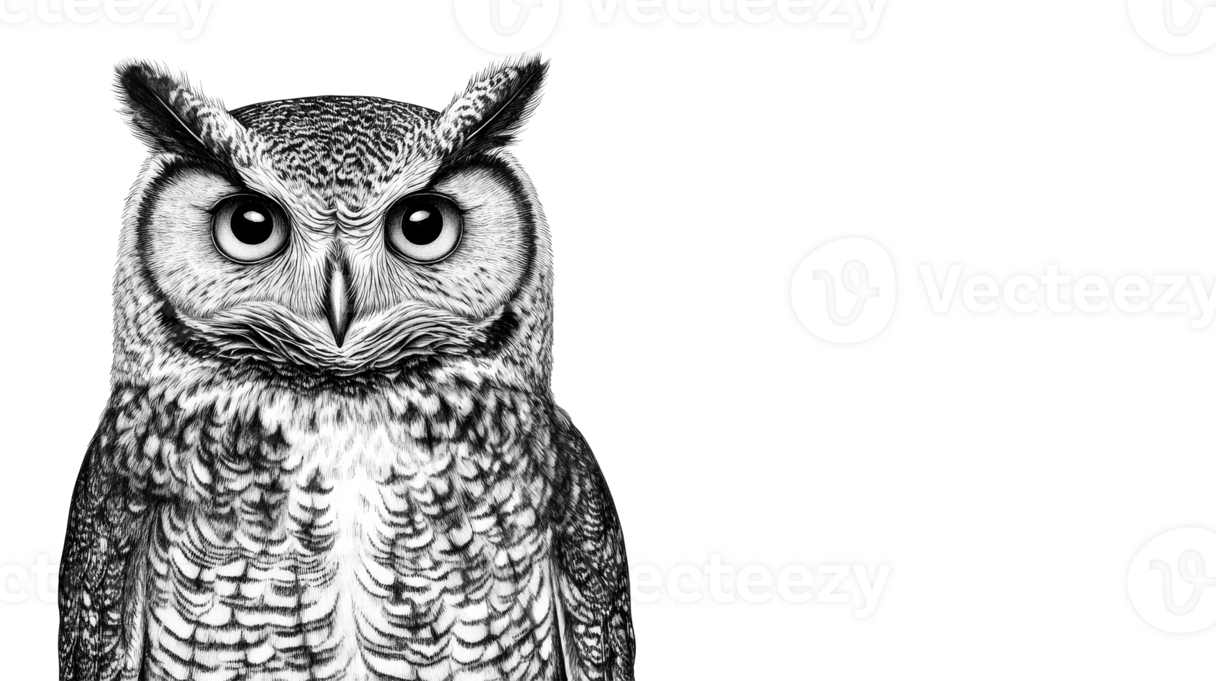 Owl portrait, realistic bird drawing, monochrome feathers, cut out transparent png
