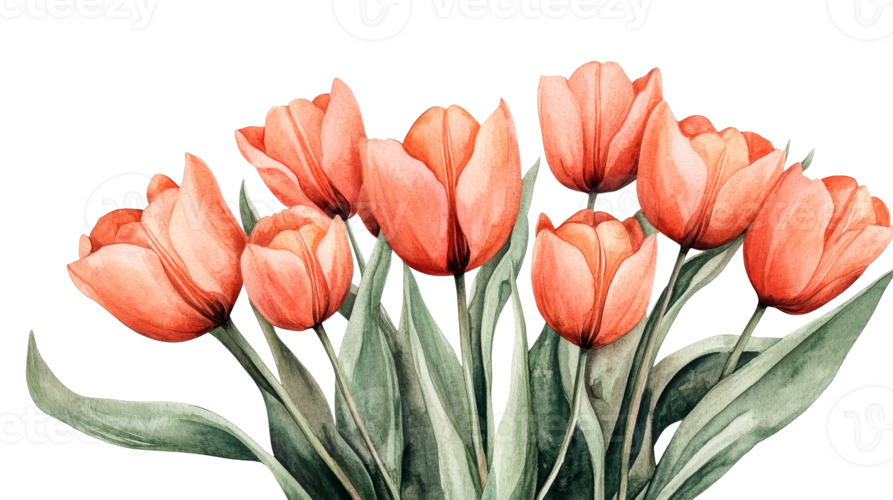 Bunch vibrant watercolor tulips, elegant floral display, cut out transparent png